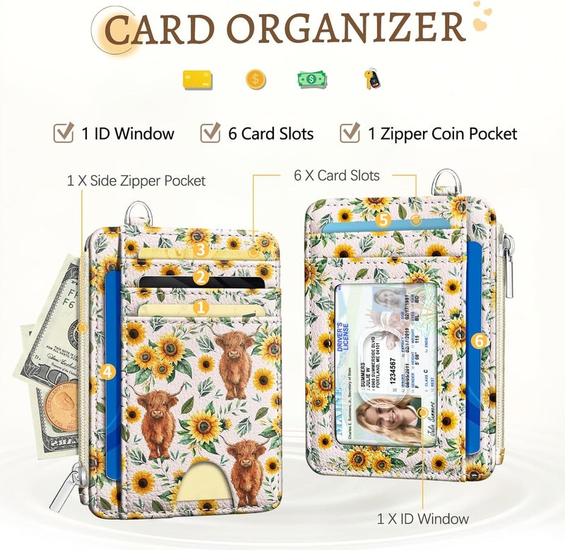 Kelvoris Highland Cow Sunflower Credit Card Holder Small Wallet Women, Slim RFID Blocking Wallet Woman Keychain with Zipper Coin Pocket, Front Pocket Thin Travel Card Case with ID Window Ladies Gifts - Image 3